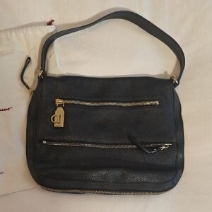 Ferragamo Black Grained Leather Shoulder Bag, Gold